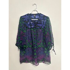 Custo Barcelona 100% Silk Peacock Print Tunic Blouse Purple Green Size 4